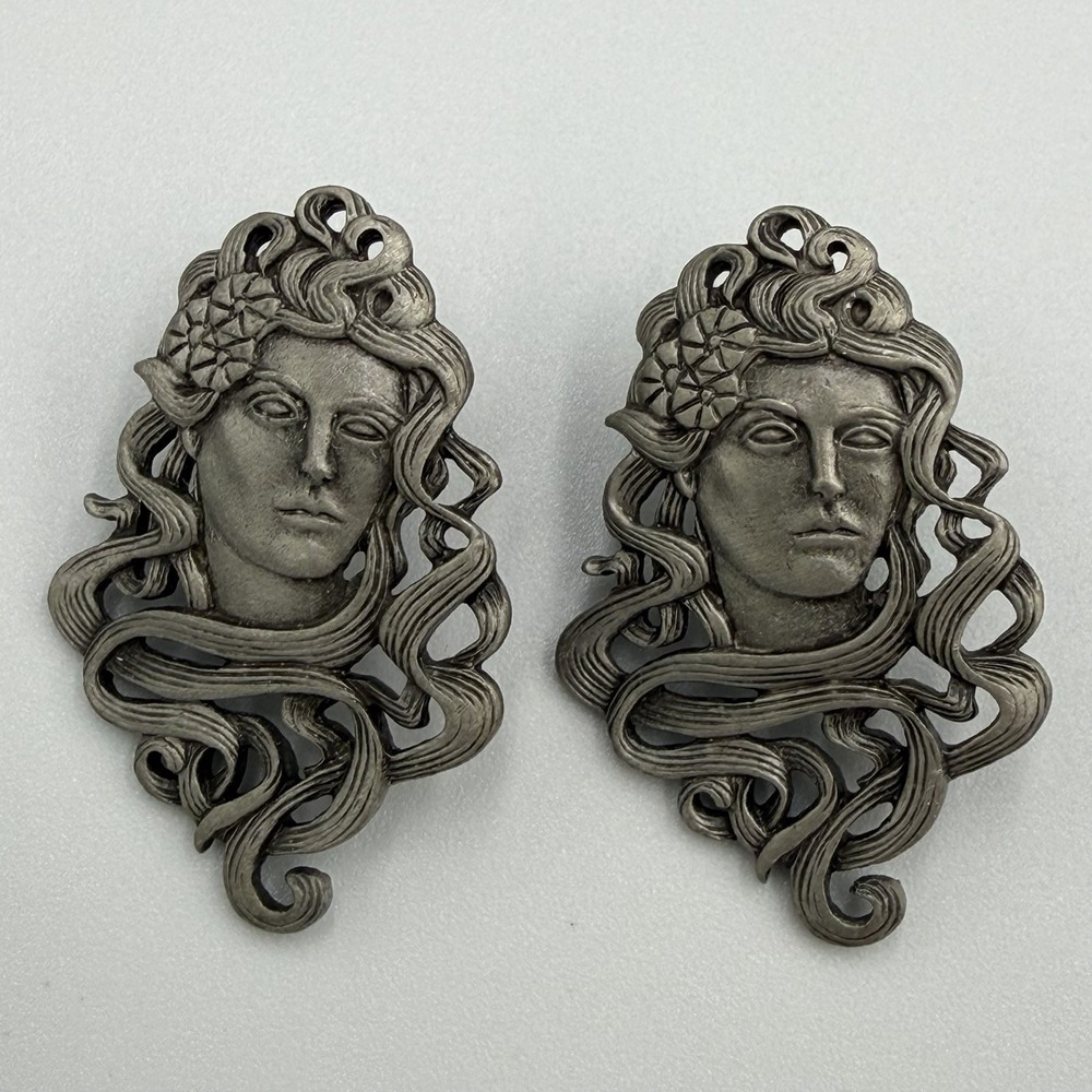 Vintage 1988 Post Earrings GODDESS JJ Jonette Art Nouveau Woman Lady Pewter